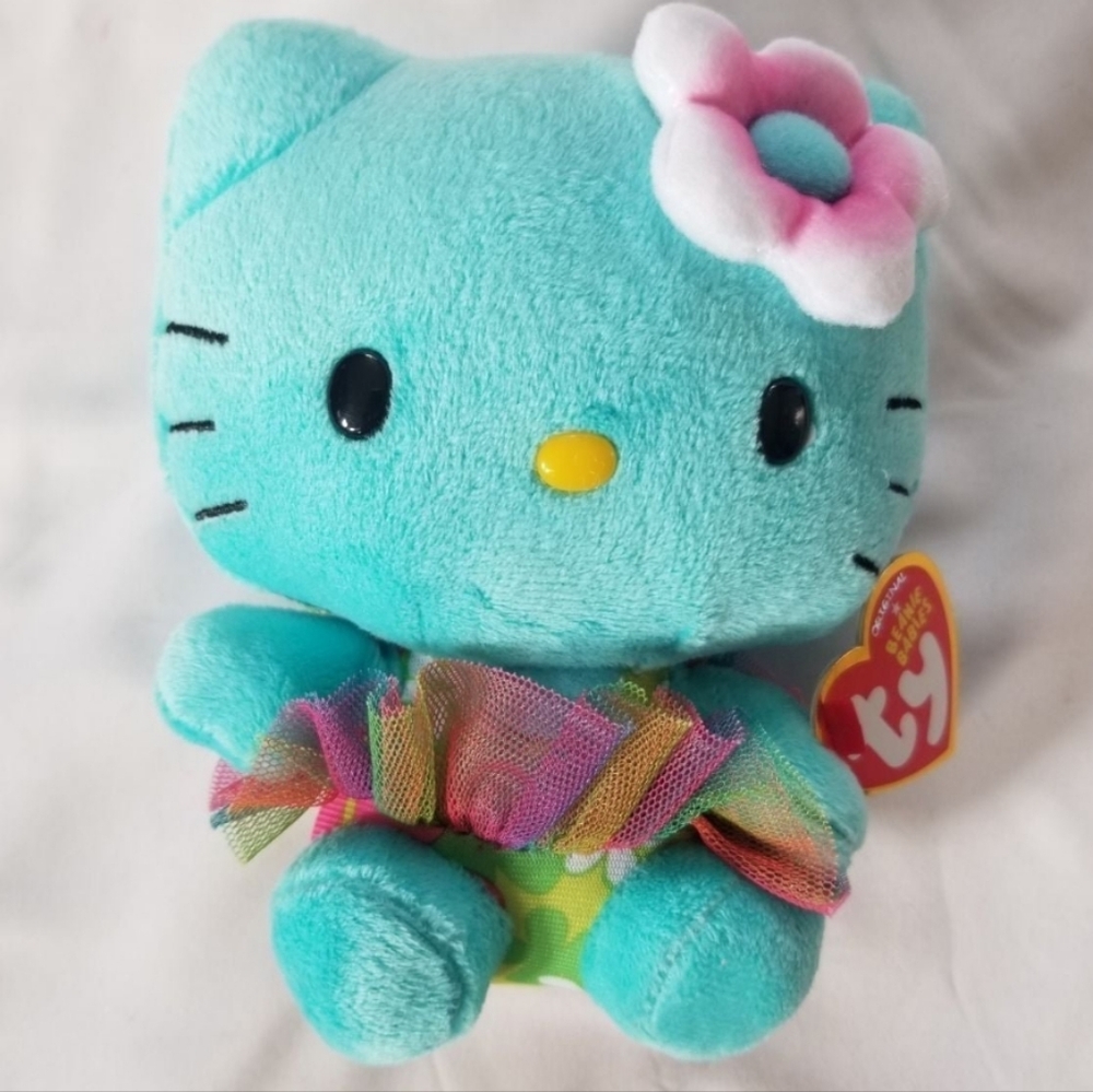 NEW Hello Kitty Sanrio TY 2014 Blue Plush Hawaiian Tutu Tropical Flower Bow 6"